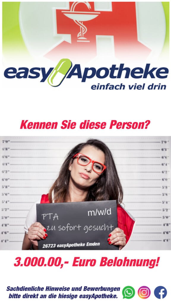 Stellengesuche easy Apotheke Stellengesuche der easy Apotheke im DollartCenter Emden. Eine Frau hält ein Schild hoch mit Gesucht