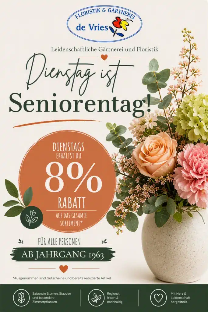 Aktion von Floristik de Vries im Dollart Center Emden. Jeden Dienstag ist Seniorentag mit 8% Rabatt